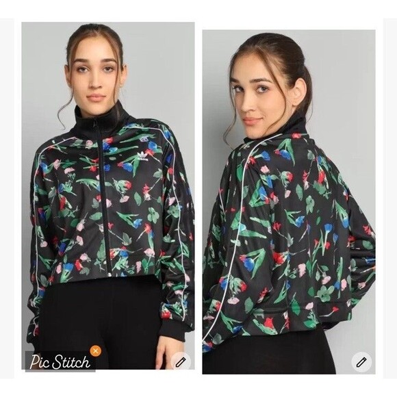 Adidas Women’s Track Jacket Full Zip- Up Closure With High Collar Cropped Logo M - Picture 2 of 6